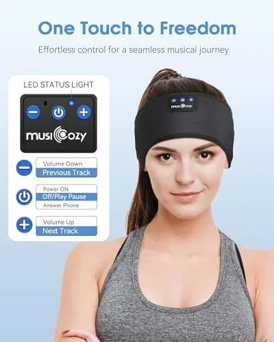 MUSICOZY Bluetooth Sleep Headphones Headband with Built-in Mic | Dark Black, 20m Range thumbnail 5