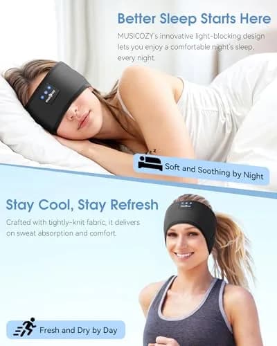 MUSICOZY Bluetooth Sleep Headphones Headband with Built-in Mic | Dark Black, 20m Range thumbnail 2