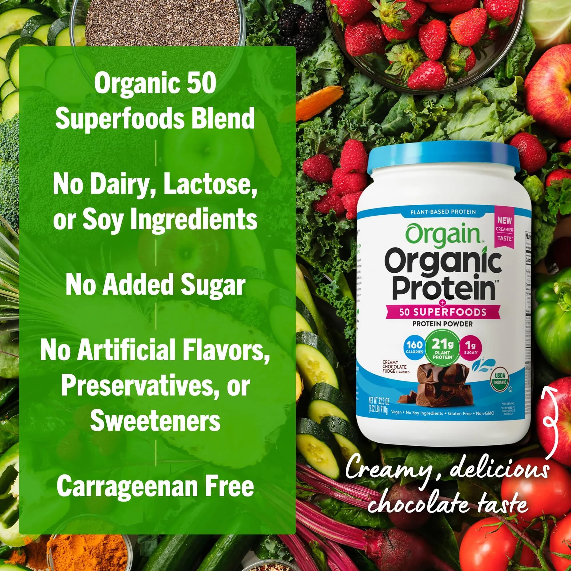 Orgain Organic Vegan Protein Powder Creamy Chocolate Fudge 907g (2.02 lb) | 21g Plant Protein, 10g Fiber, USDA Organic - view 5