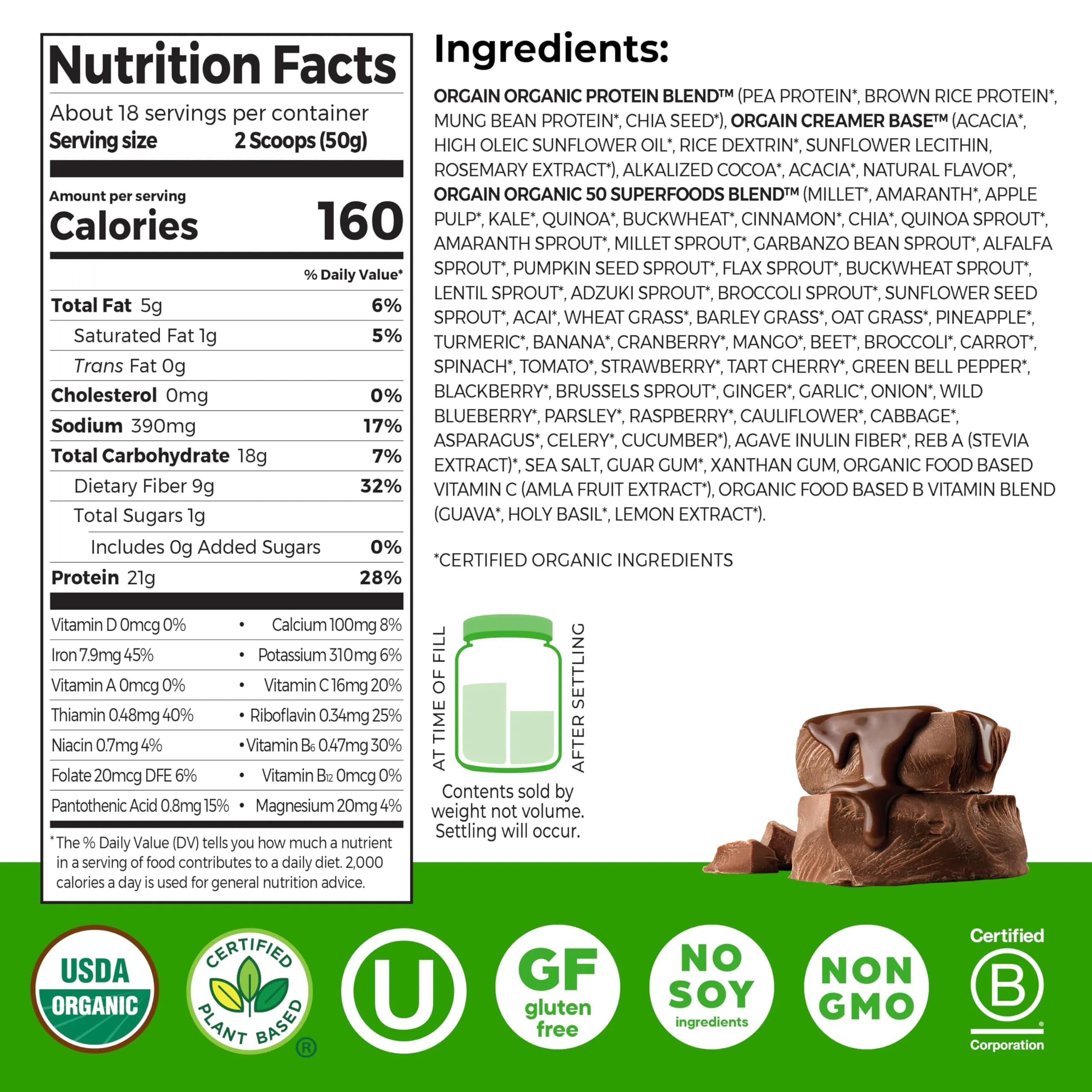 Orgain Organic Vegan Protein Powder Creamy Chocolate Fudge 907g (2.02 lb) | 21g Plant Protein, 10g Fiber, USDA Organic - view 2