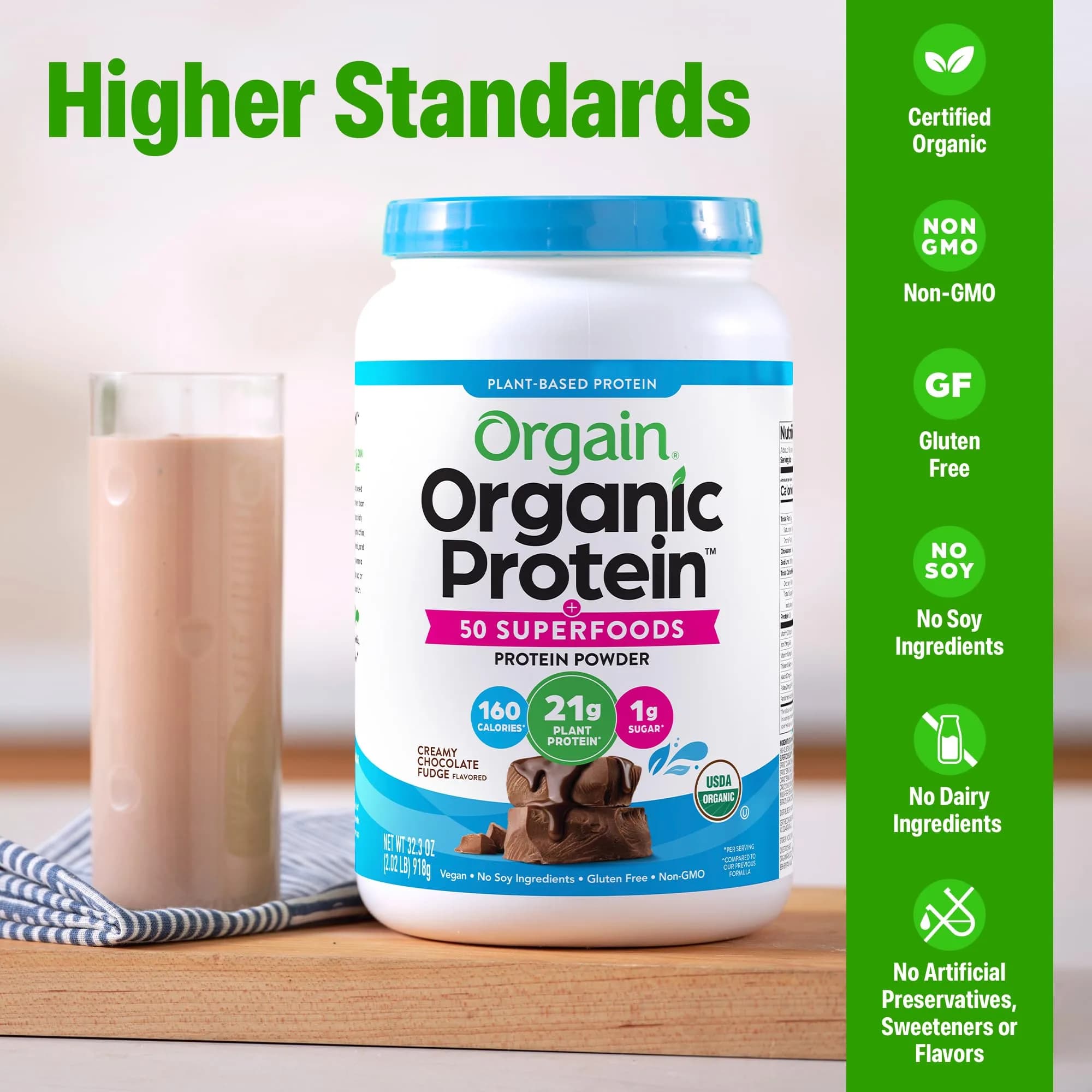 Orgain Organic Vegan Protein Powder Creamy Chocolate Fudge 907g (2.02 lb) | 21g Plant Protein, 10g Fiber, USDA Organic - view 3