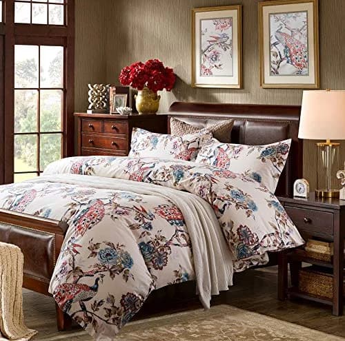 Eikei Oriental Garden Majestic Peacock Bird Floral Duvet Cover Twin | Chinoiserie Chic Asian Style thumbnail 1