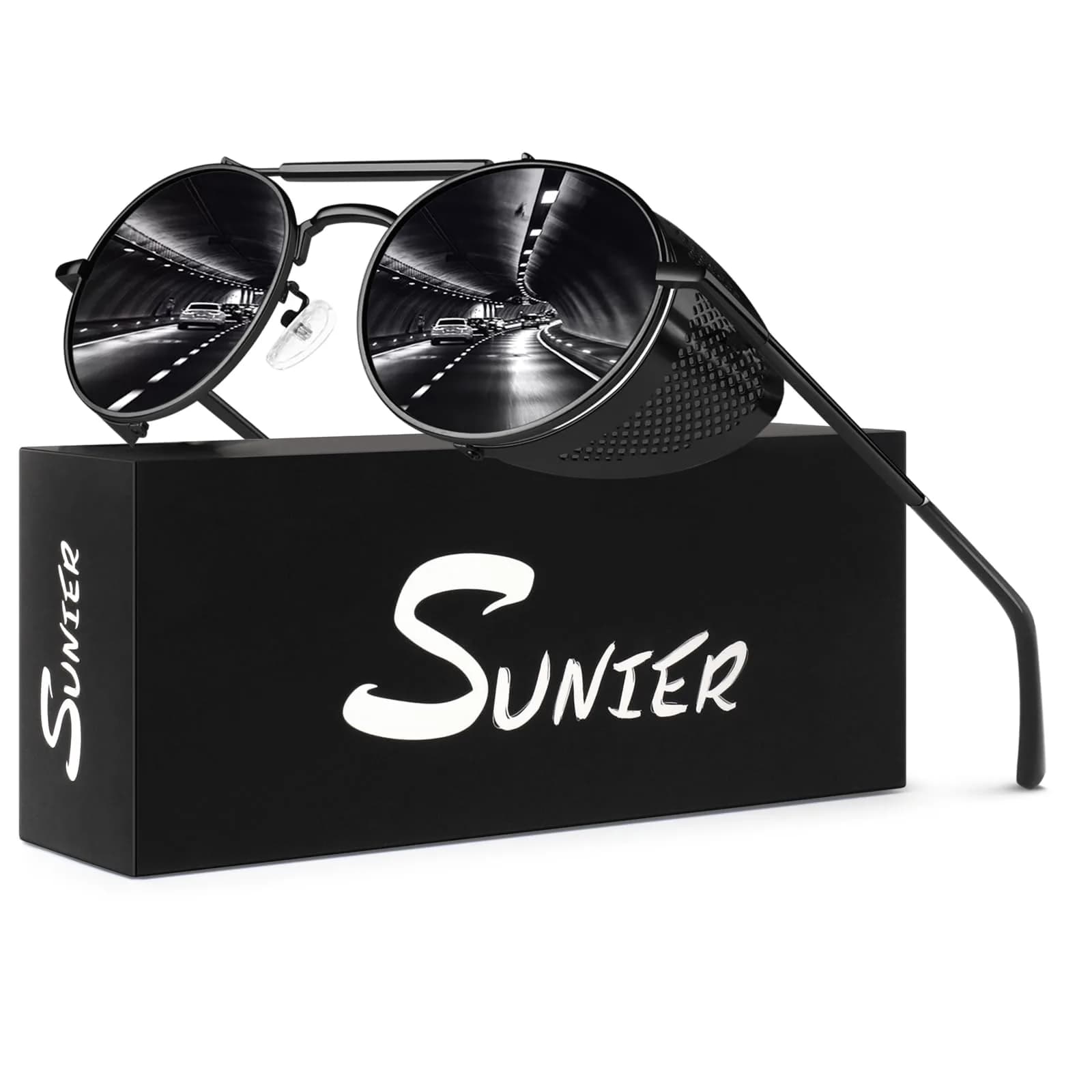Sunier Round Polarized Steampunk Sunglasses Men Women Side Shield Goggles | 52mm Lens Width — Black Frame Black Polarized Lens