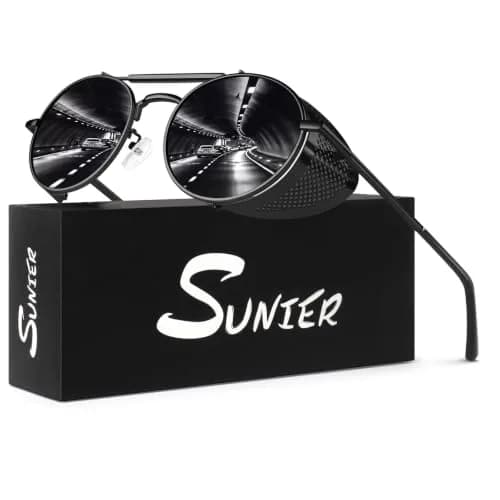Sunier Round Polarized Steampunk Sunglasses Men Women Side Shield Goggles | 52mm Lens Width thumbnail 1