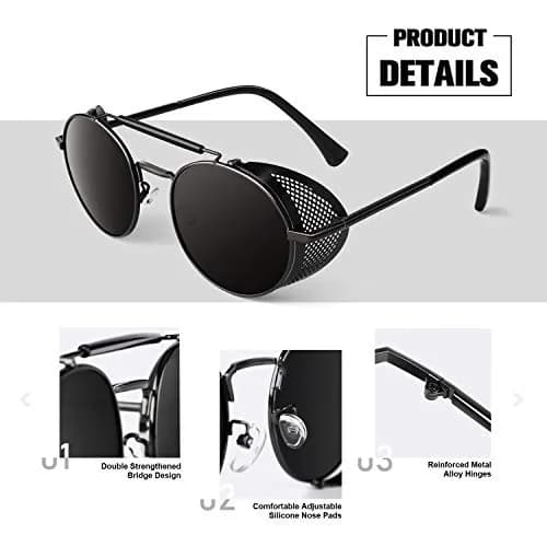 Sunier Round Polarized Steampunk Sunglasses Men Women Side Shield Goggles | 52mm Lens Width thumbnail 4