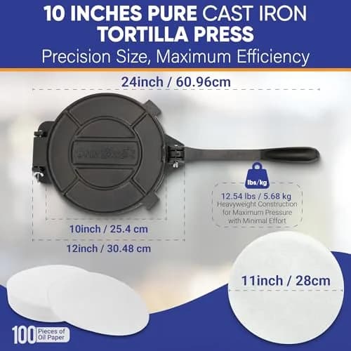 StarBlue 10 Inch Cast Iron Tortilla Press | 2.27 kg (5 lb) with 100 Oil Papers thumbnail 4