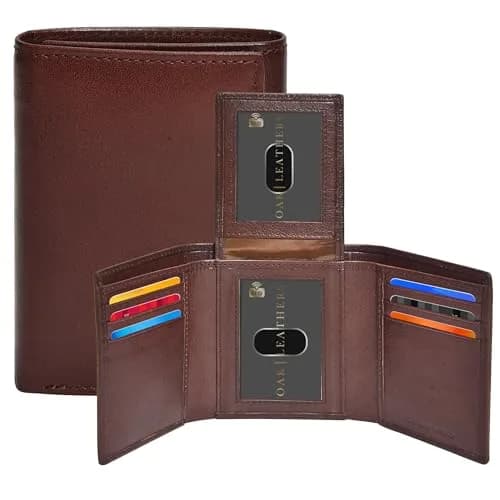 Oak Leathers Leather Mens Trifold Wallet RFID Blocking Slim with ID Window, Gift Box thumbnail 1