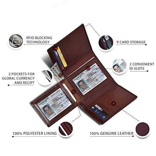 Oak Leathers Leather Mens Trifold Wallet RFID Blocking Slim with ID Window, Gift Box thumbnail 2