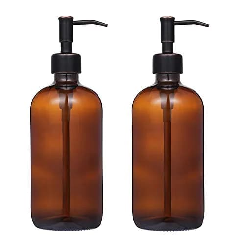 CHBJDAN 2 Pack Amber Glass Soap Dispenser with Oil Rubbed Bronze Pump, 16oz (473ml) Boston Round Bottles | Vintage Style for Home, Kitchen & Bath thumbnail 1
