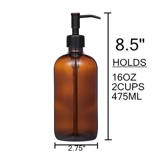 CHBJDAN 2 Pack Amber Glass Soap Dispenser with Oil Rubbed Bronze Pump, 16oz (473ml) Boston Round Bottles | Vintage Style for Home, Kitchen & Bath thumbnail 4