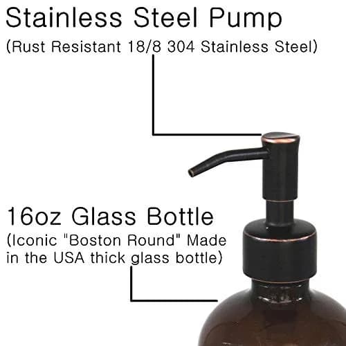 CHBJDAN 2 Pack Amber Glass Soap Dispenser with Oil Rubbed Bronze Pump, 16oz (473ml) Boston Round Bottles | Vintage Style for Home, Kitchen & Bath thumbnail 3
