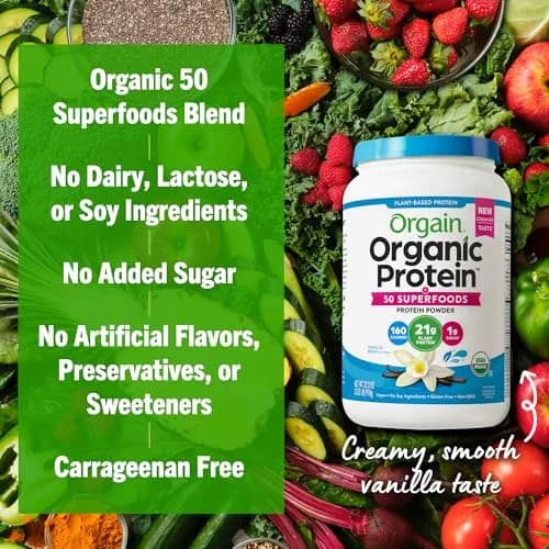 Orgain Organic Vegan Protein Powder Vanilla Bean 917g (2.02 lb) | 21g Plant Protein, 50 Superfoods, USDA Organic thumbnail 6