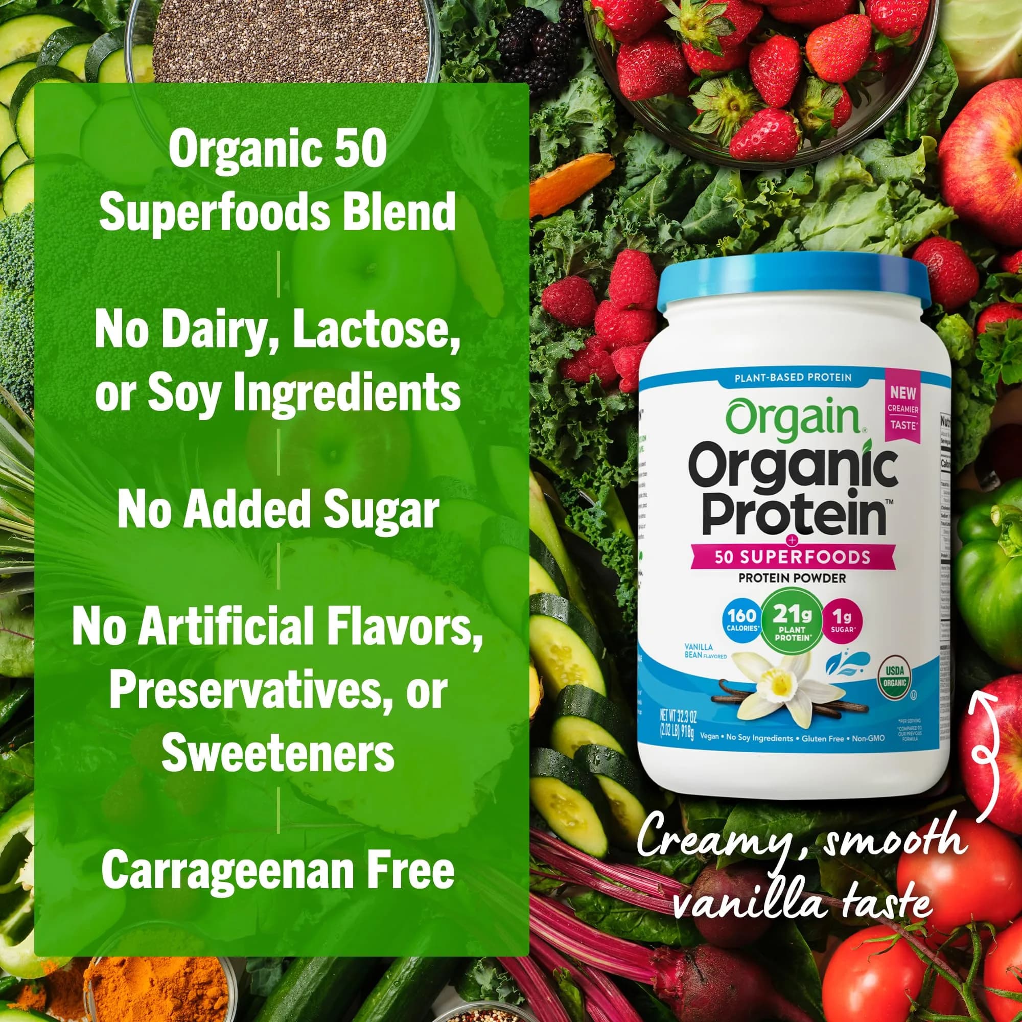 Orgain Organic Vegan Protein Powder Vanilla Bean 917g (2.02 lb) | 21g Plant Protein, 50 Superfoods, USDA Organic - view 6