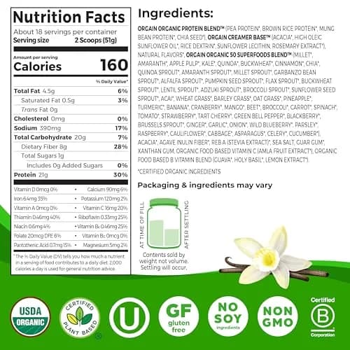 Orgain Organic Vegan Protein Powder Vanilla Bean 917g (2.02 lb) | 21g Plant Protein, 50 Superfoods, USDA Organic thumbnail 2