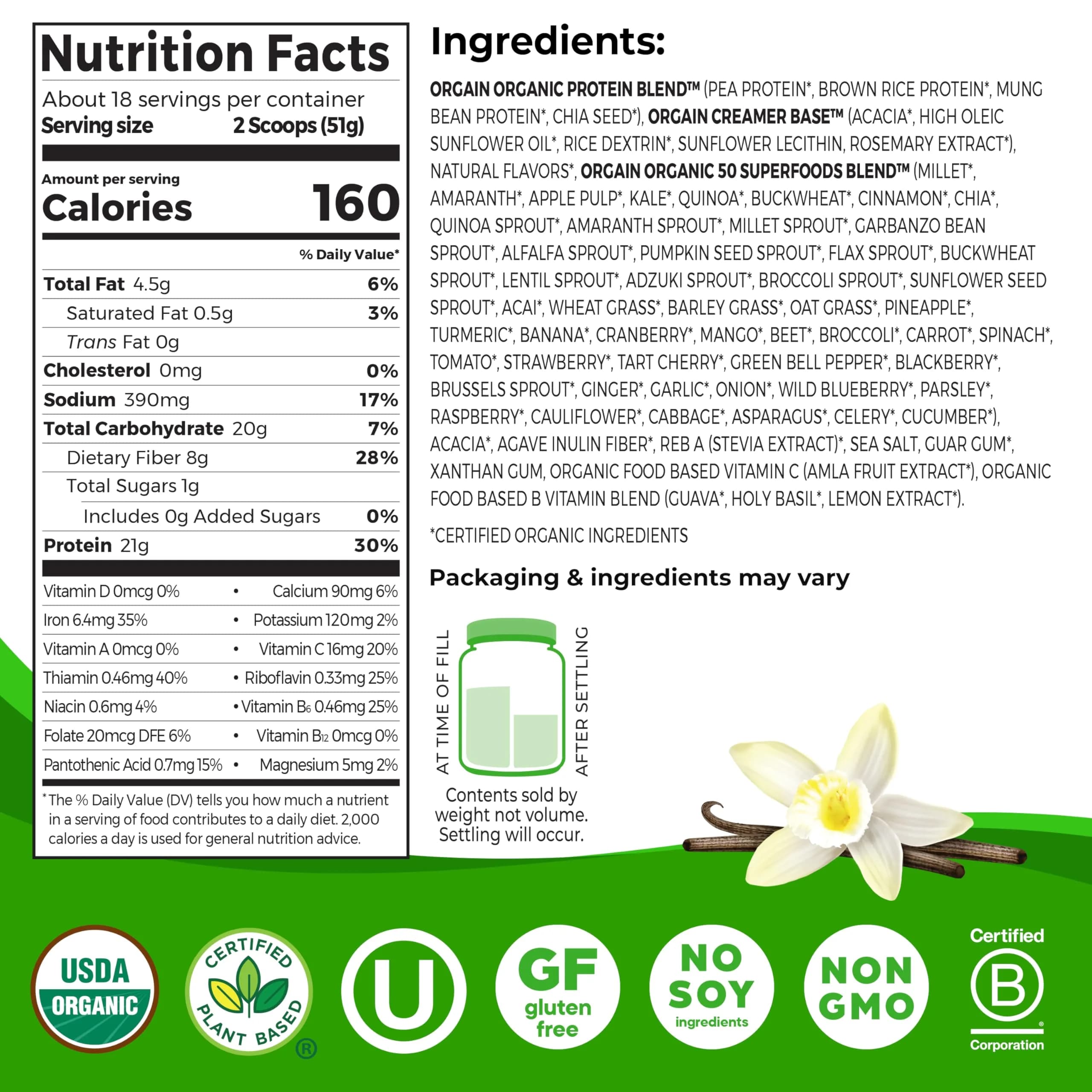 Orgain Organic Vegan Protein Powder Vanilla Bean 917g (2.02 lb) | 21g Plant Protein, 50 Superfoods, USDA Organic - view 2