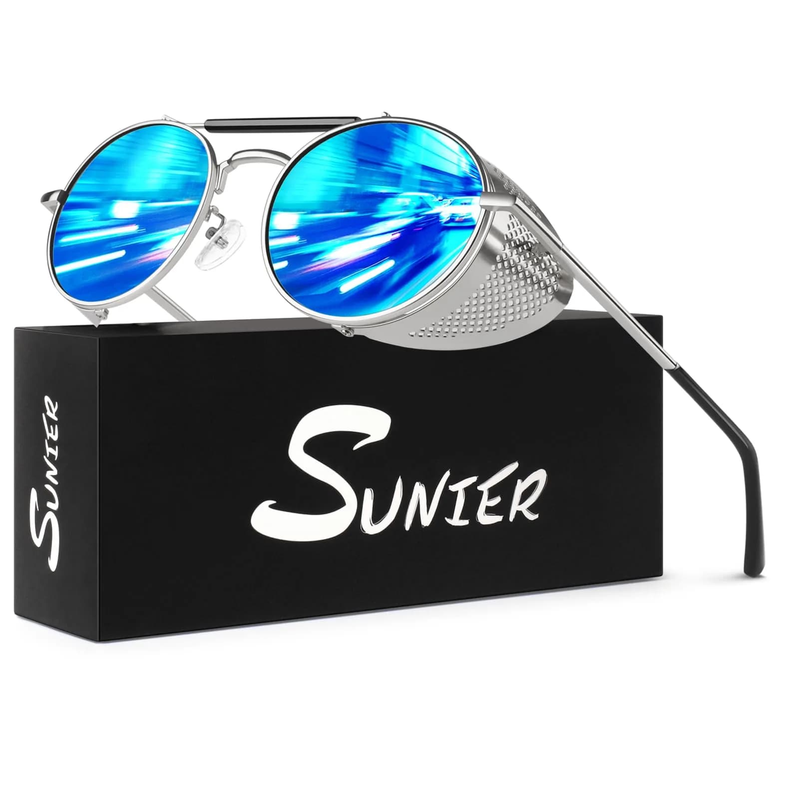 Sunier Round Polarized Steampunk Sunglasses Men Women Side Shield Goggles | 100% UV400 HD Polarized Lens, Unbreakable Metal Frame, Adjustable Fit — Silver Frame Blue Mirrored Polarized Lens