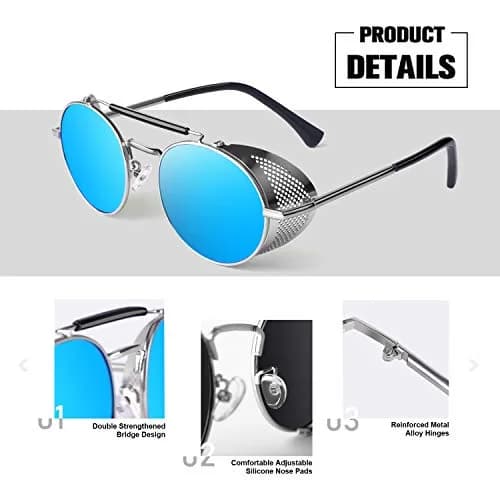 Sunier Round Polarized Steampunk Sunglasses Men Women Side Shield Goggles | 100% UV400 HD Polarized Lens, Unbreakable Metal Frame, Adjustable Fit thumbnail 4