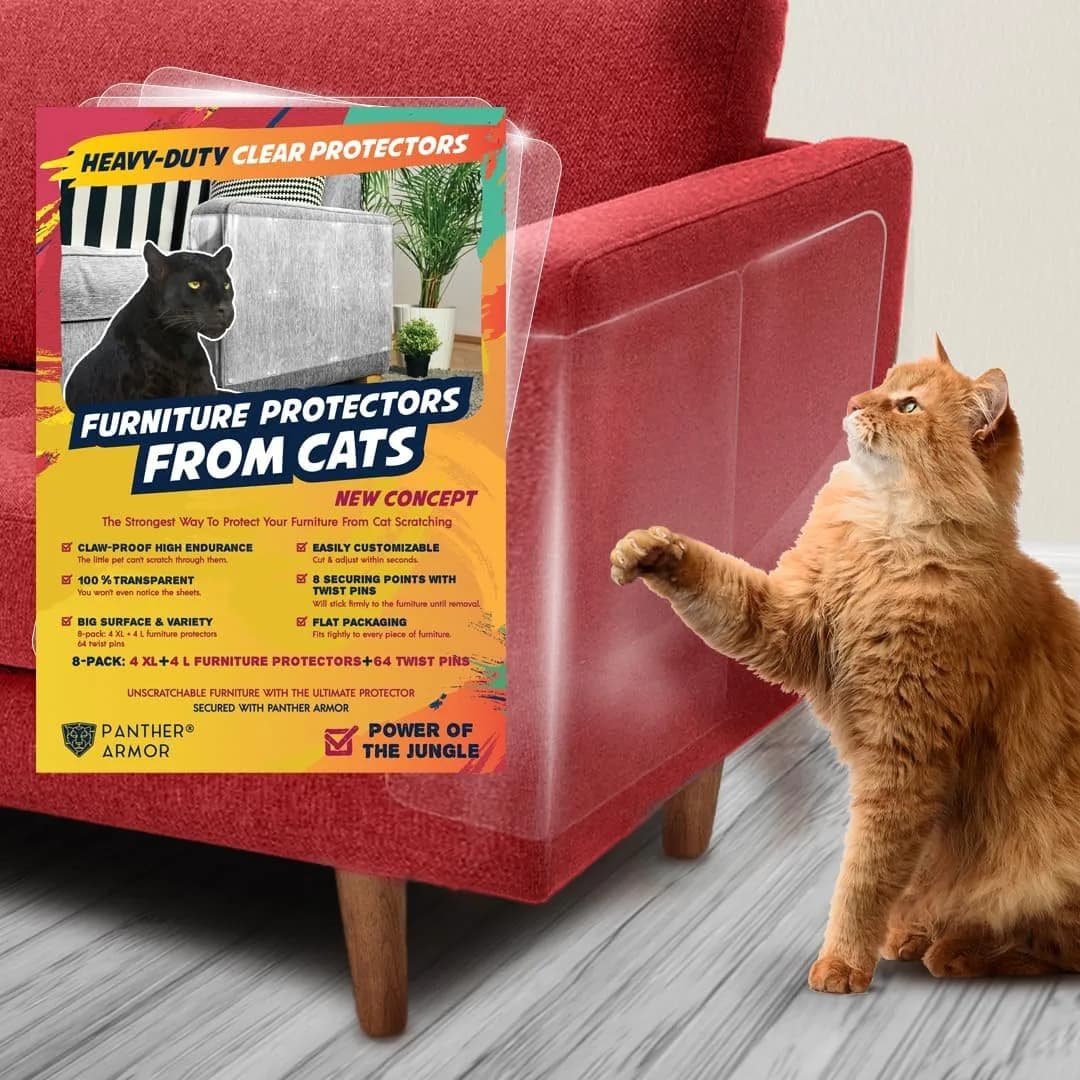 Panther Armor Clear Furniture Protector Sheets with Twist Pins | Protects Fabric Sofas & Chairs from Cat Scratching — Gloss (1-Side Furniture Protector) / 8 Sheets