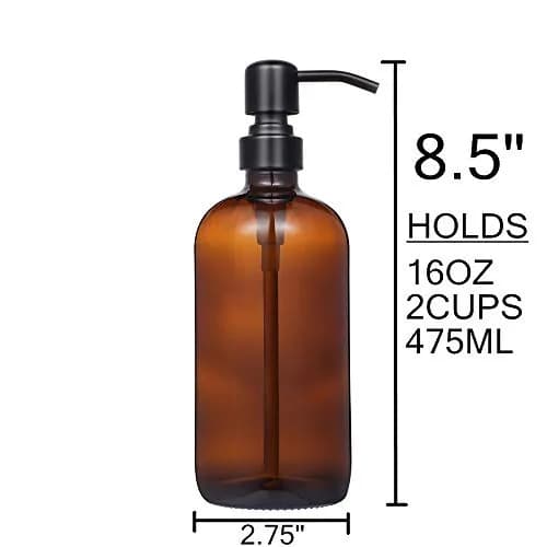 CHBJDAN Amber Glass Soap Dispenser 2 Pack 454ml (16 Oz) | Vintage Style with Matte Black Stainless Steel Pump thumbnail 4