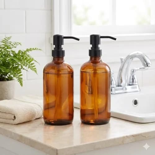 CHBJDAN Amber Glass Soap Dispenser 2 Pack 454ml (16 Oz) | Vintage Style with Matte Black Stainless Steel Pump thumbnail 6