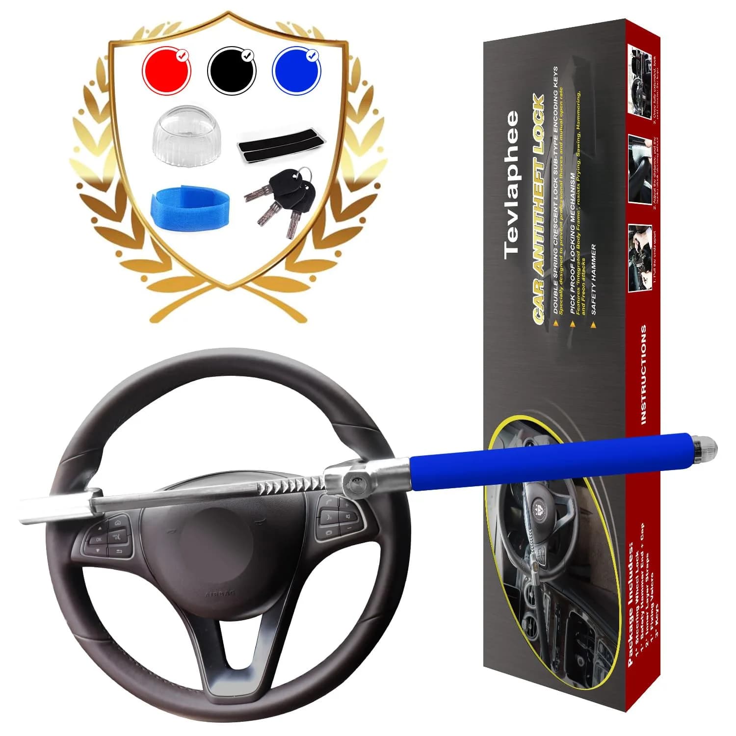 Tevlaphee Steering Wheel Lock Anti-Theft Car Device, Blue, Key Lock, Protects Against Prying, Sawing, Hammering, and Freon Attacks - main product image