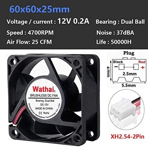 Wathai 60mm x 60mm x 25mm 12V DC Case Fan Brushless Cooling Fan Dual Ball 2P | 4700RPM, 25CFM, 37dBA, 50,000 hrs life thumbnail 2