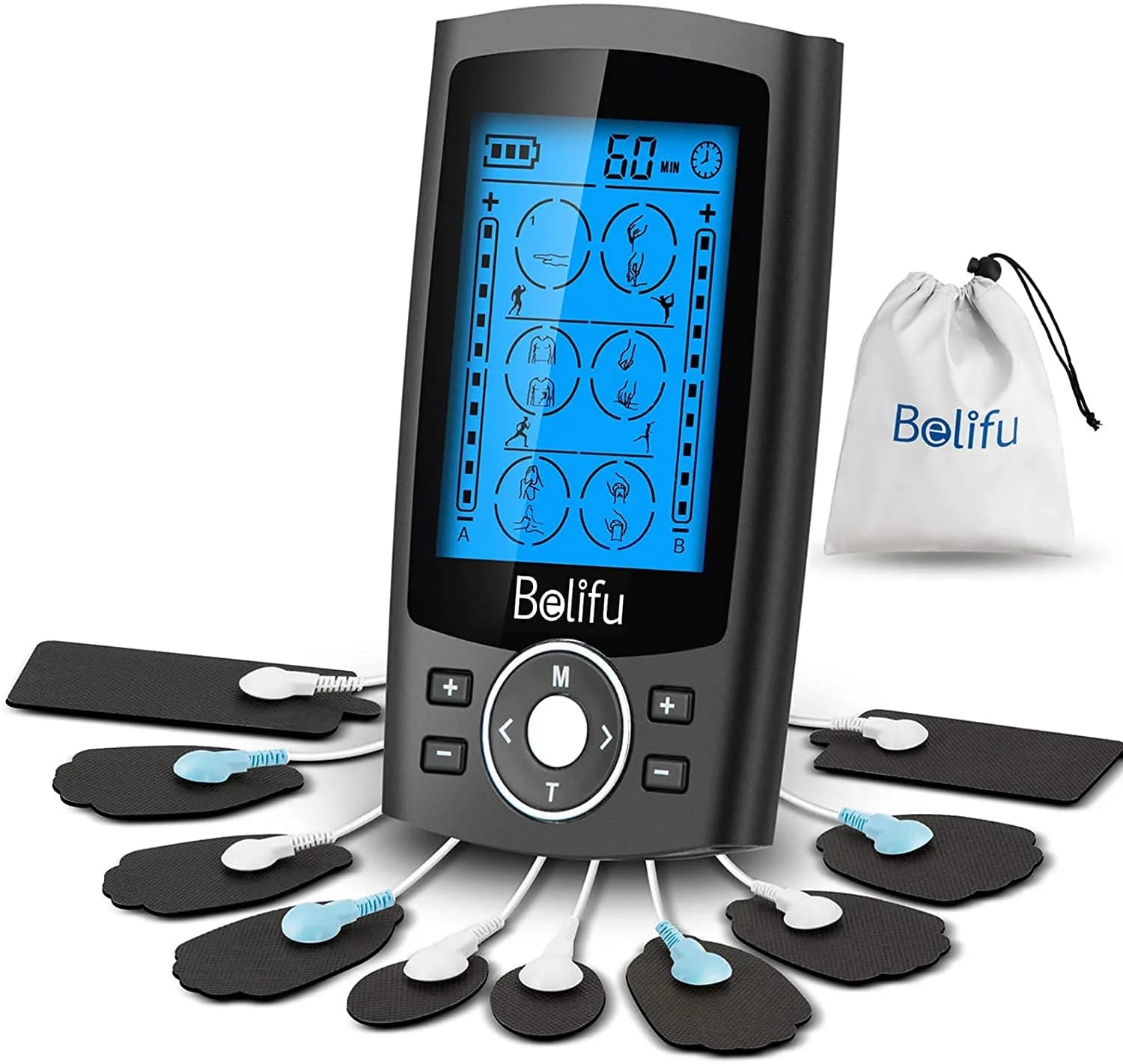 Belifu Dual Channel TENS EMS Unit 24 Modes Muscle Stimulator for Pain Relief Therapy with 10 Pads