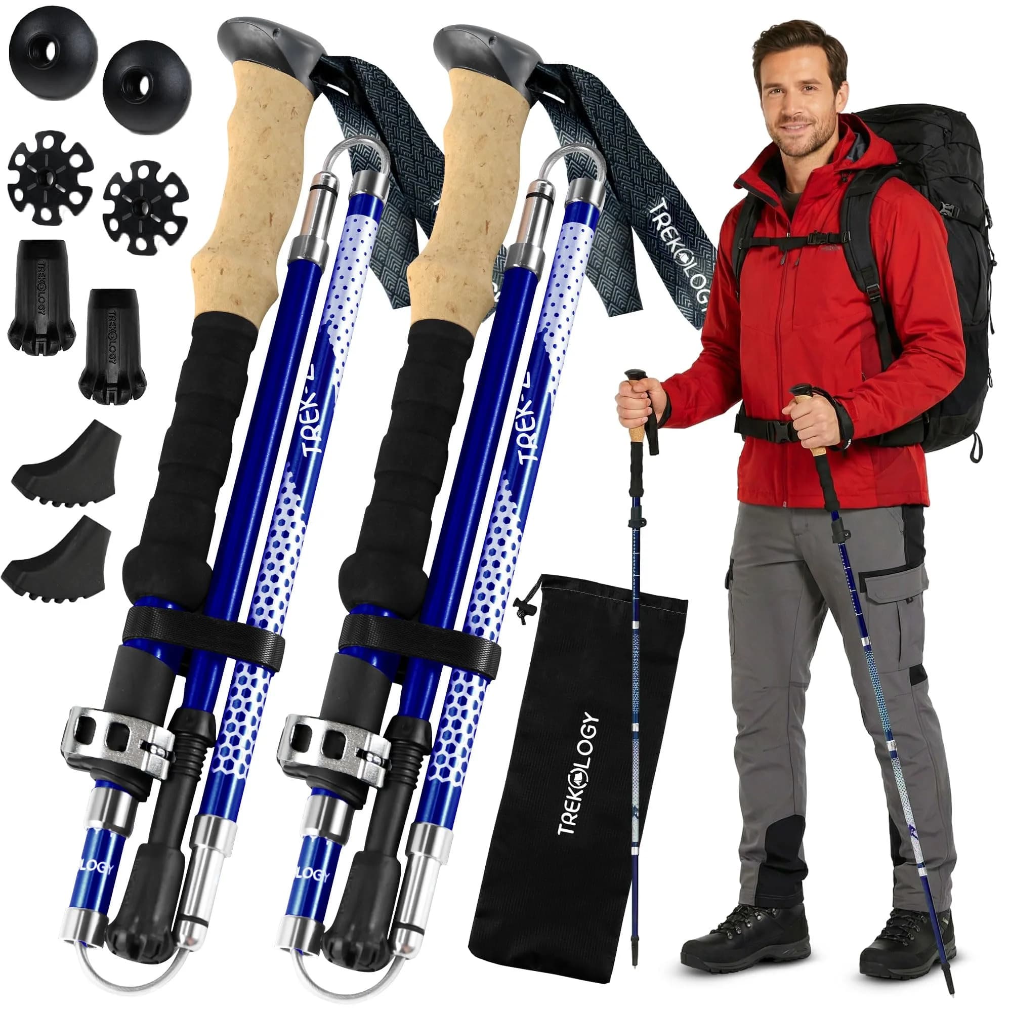 TREKOLOGY Trek-Z Hiking Trekking Poles, 2pc | Adjustable Aluminum Walking Stick for Men & Women — EVA Blue