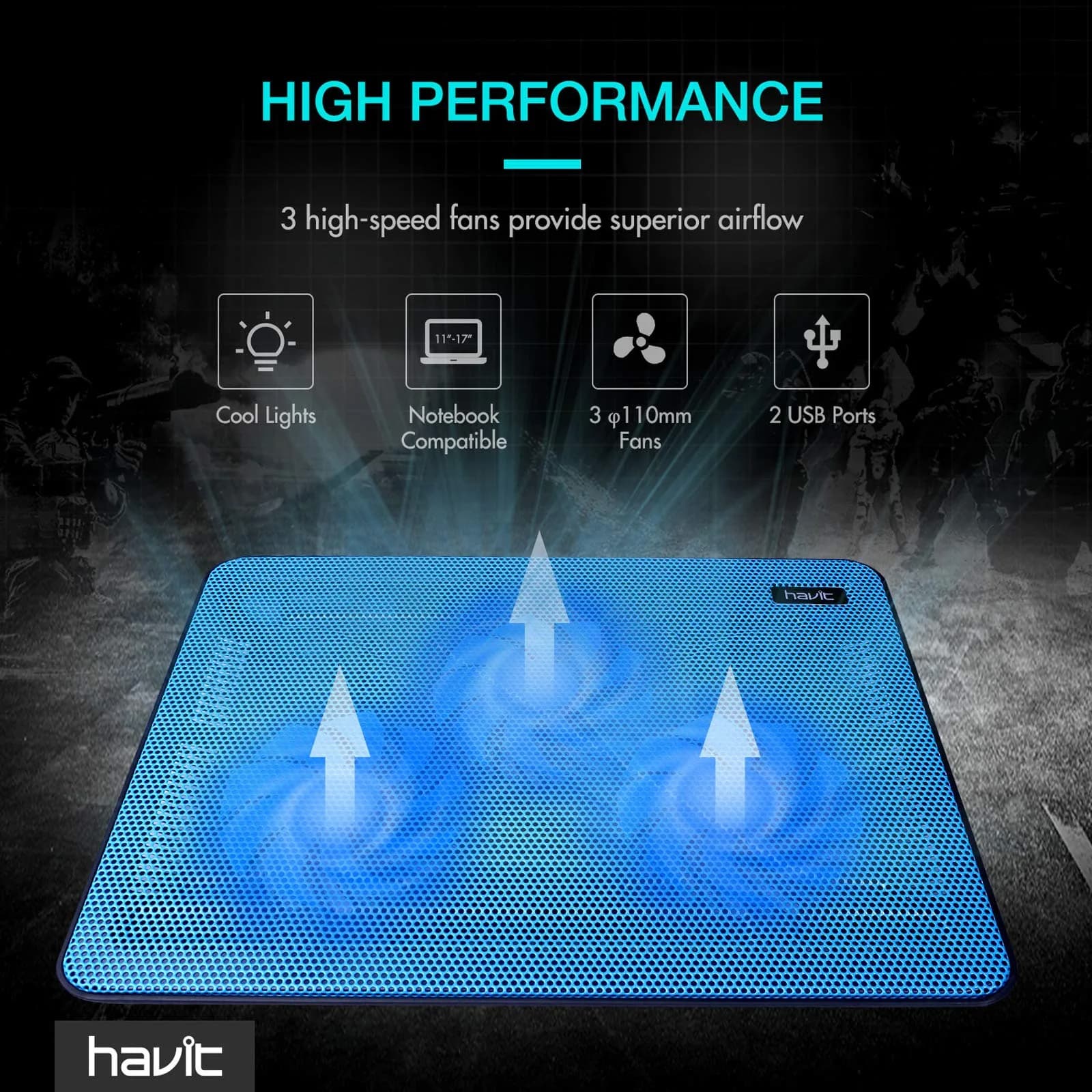 havit HV-F2056 Laptop Cooling Pad for 15.6-17 Inch Laptops, Blue | 3 Quiet USB-Powered Fans, 2 Height Settings - view 2