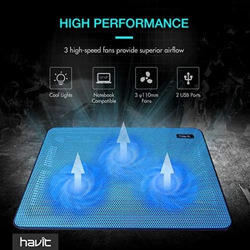 havit HV-F2056 Laptop Cooling Pad for 15.6-17 Inch Laptops, Blue | 3 Quiet USB-Powered Fans, 2 Height Settings thumbnail 2