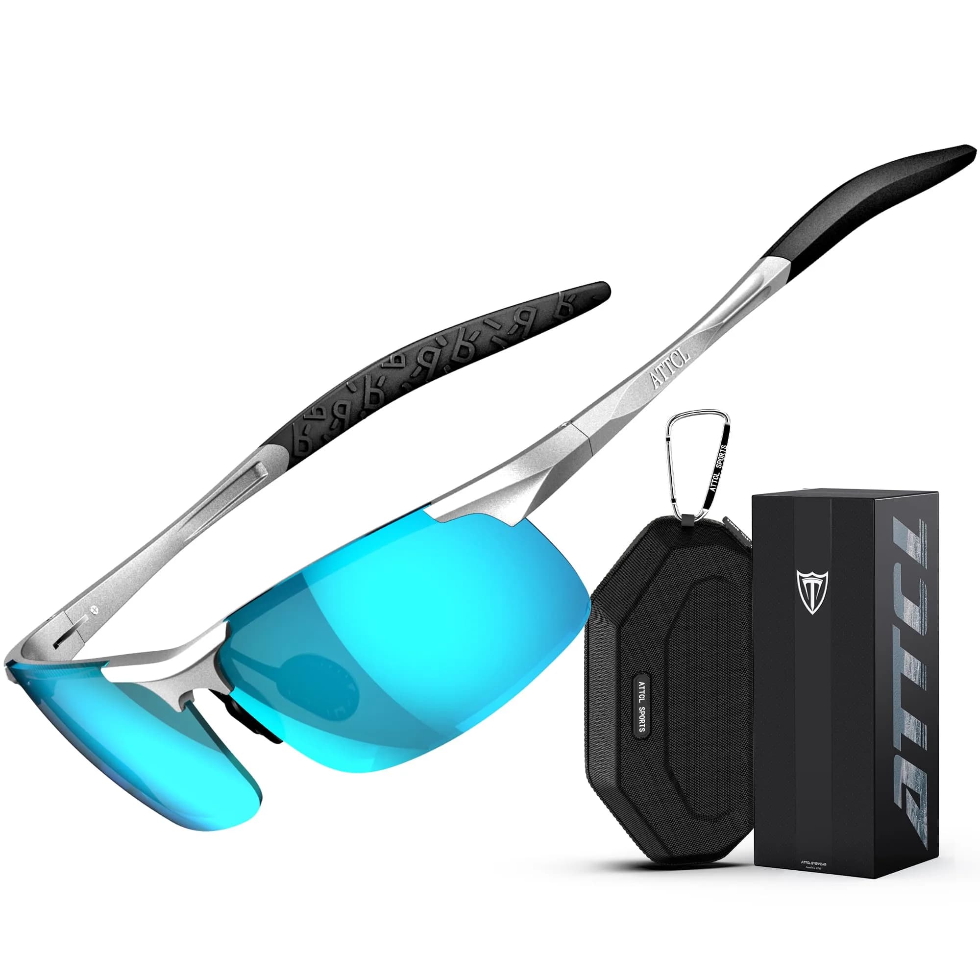 ATTCL Polarized Sports Sunglasses for Men: Silver-Blue Mirrored Lenses, UV Protection, Wrap Around Lightweight Metal Frame (64mm) - main product image