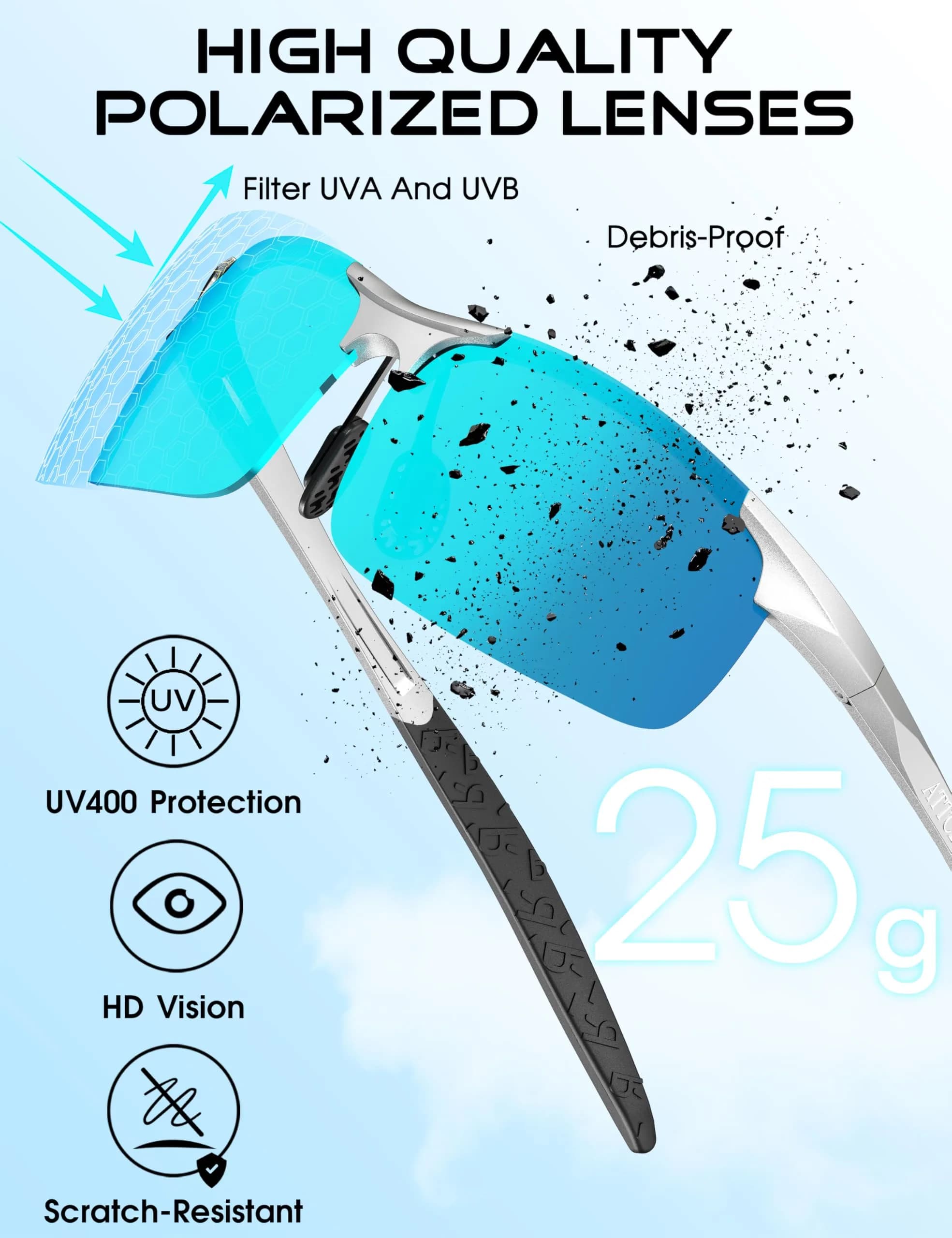 ATTCL Polarized Sports Sunglasses for Men: Silver-Blue Mirrored Lenses, UV Protection, Wrap Around Lightweight Metal Frame (64mm) - view 4