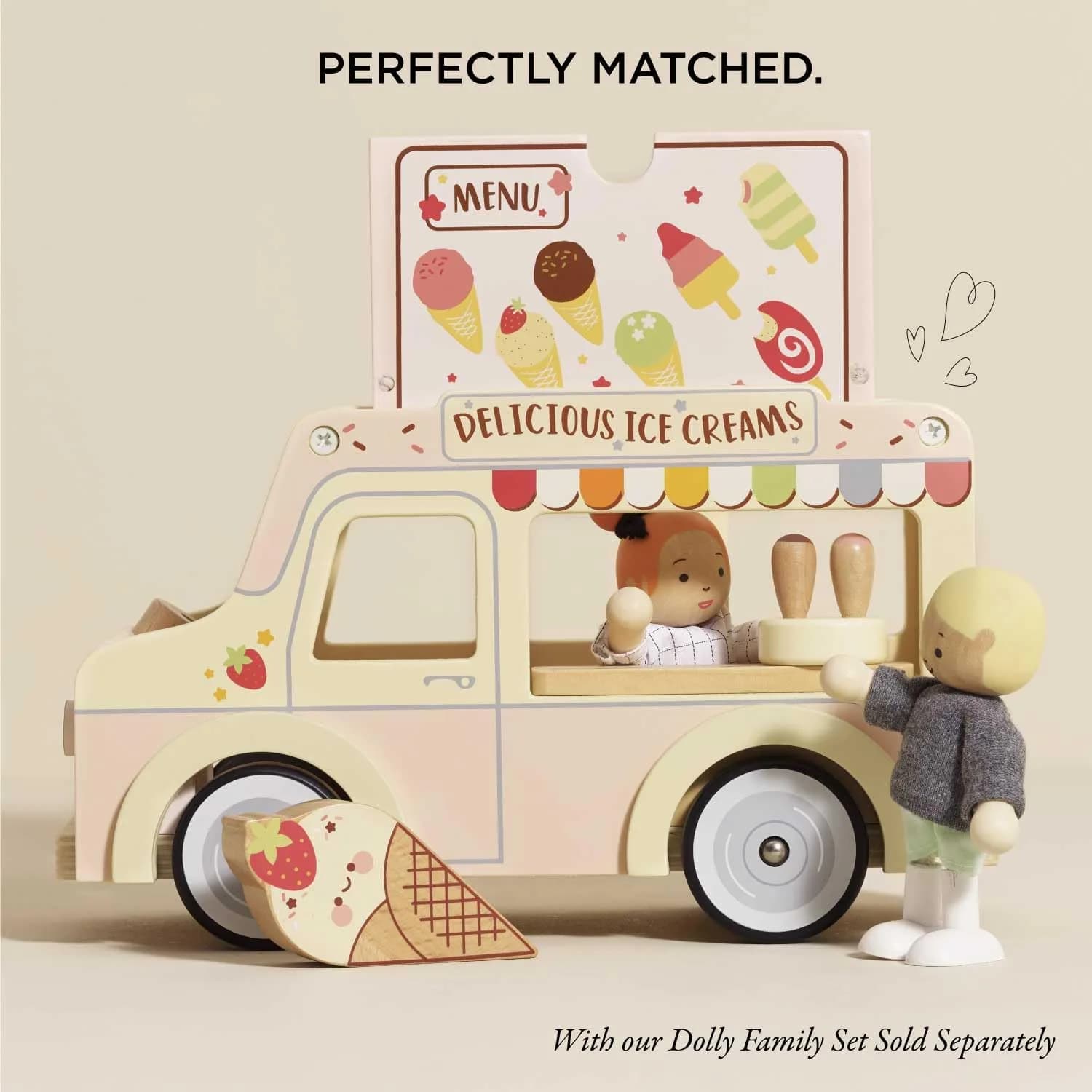 Le Toy Van Dolly Ice Cream Van Play Set for Doll Houses | Traditional Pink Wood, Ages 3+ - view 8