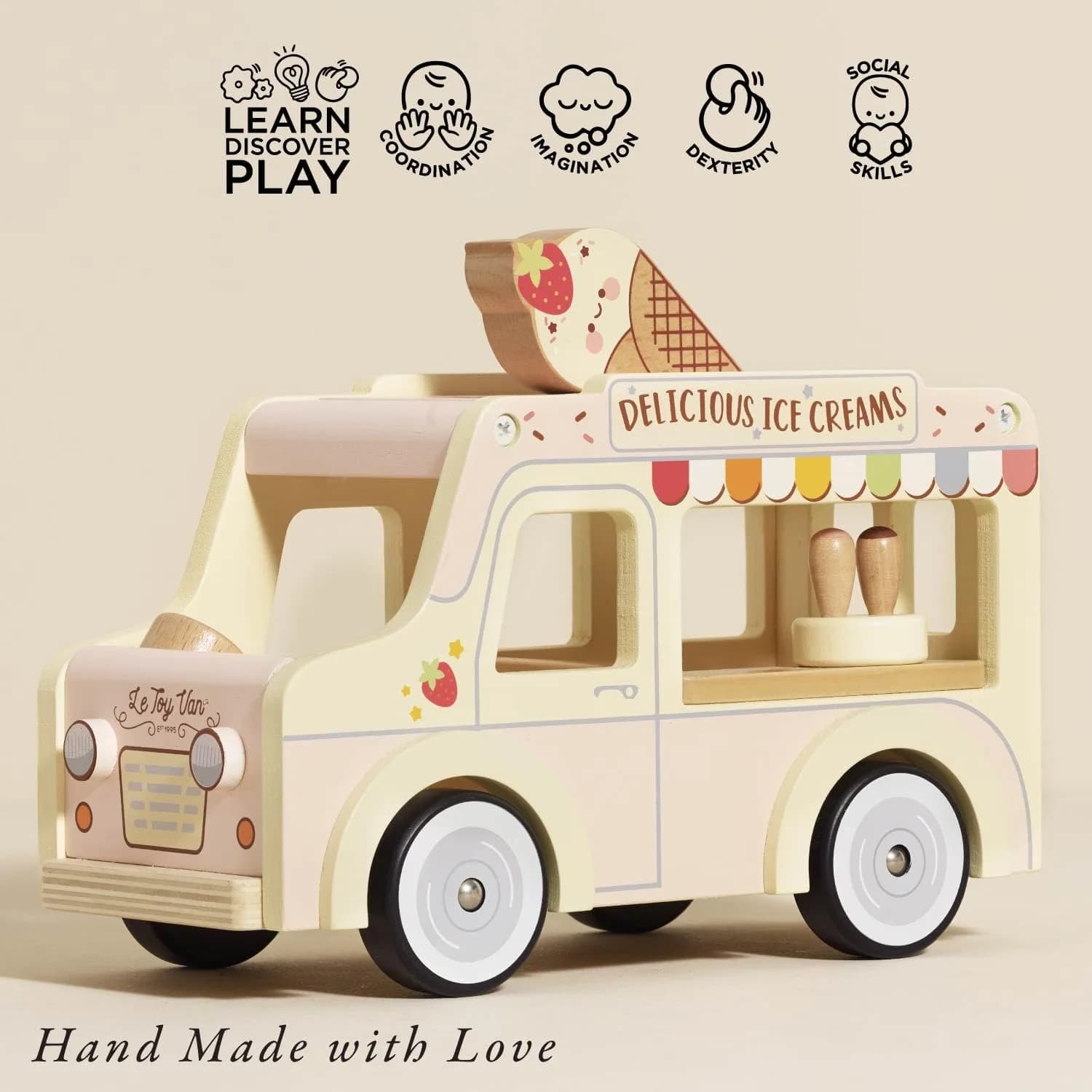 Le Toy Van Dolly Ice Cream Van Play Set for Doll Houses | Traditional Pink Wood, Ages 3+ - view 3