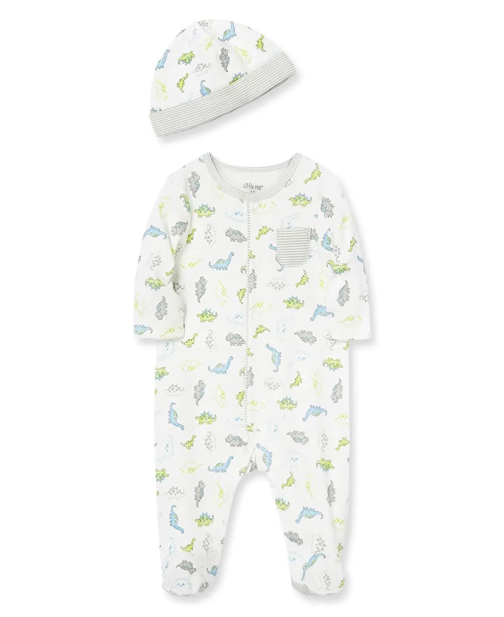 Little Me Baby Boys' 2-Piece Cotton Tiny Dinos Footie & Cap Set Newborn | Soft, Comfortable & Easy Diaper Change