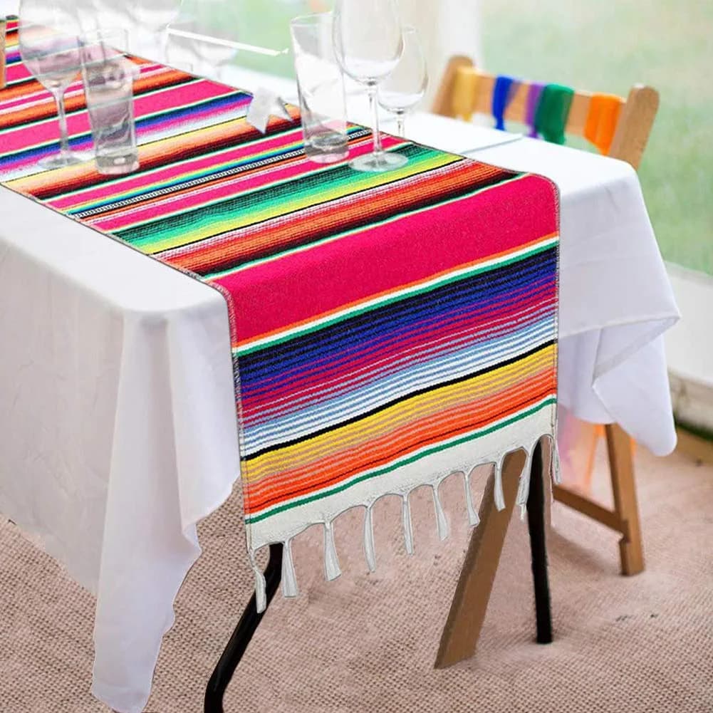 Hxezoc Pink Mexican Serape Table Runner 14 x 84 Inch | Hand-Woven Cotton for Festive Decor - main product image