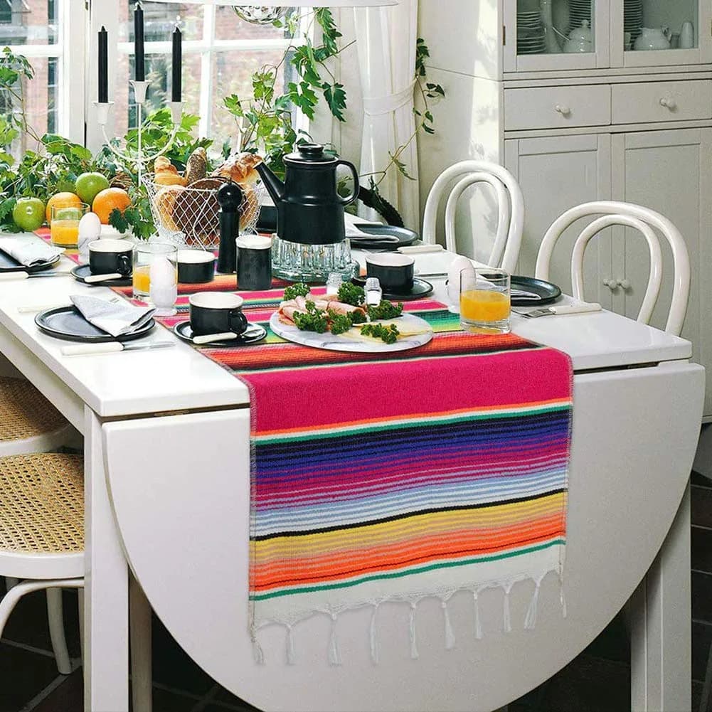 Hxezoc Pink Mexican Serape Table Runner 14 x 84 Inch | Hand-Woven Cotton for Festive Decor - view 3