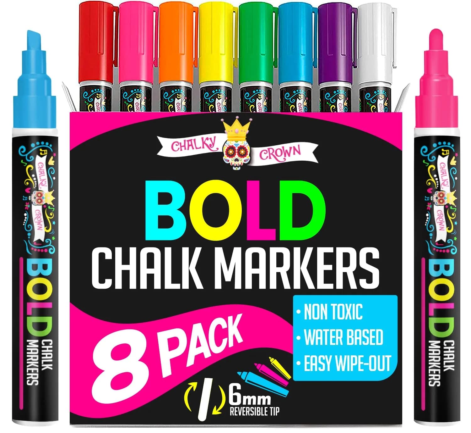 CHALKY CROWN White Liquid Chalk Markers - 5 Pack (1, 3, 6, 10, 15mm) | Eco-Friendly, Kid Safe & Erasable — Bold 6mm