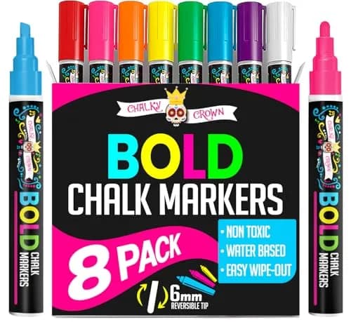 CHALKY CROWN Liquid Chalk Markers - Bold Chalkboard Markers - 8 Pack, 6mm | Non-Toxic, Erasable, for Glass & Ceramic thumbnail 1
