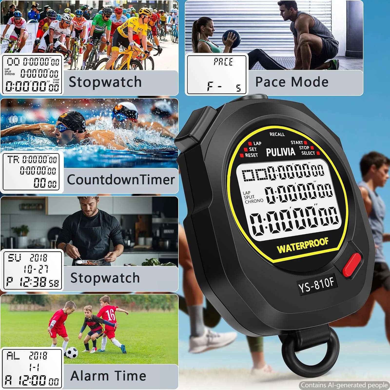 PULIVIA Digital Stopwatch Timer Multi Splits/Laps with Countdown, Alarm, Pace Mode | 1/100 Second Accuracy thumbnail 3