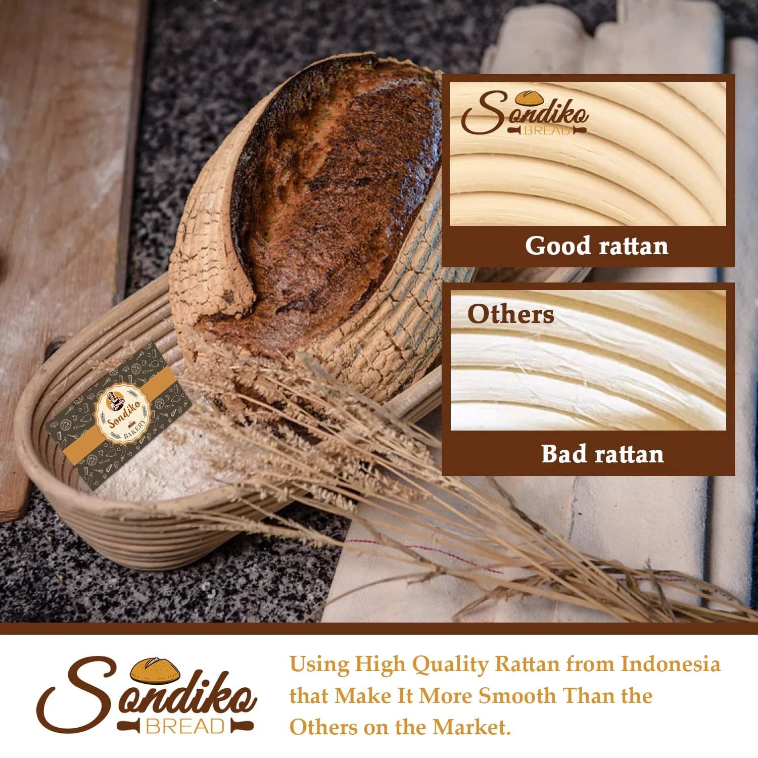 Sondiko Oval Banneton Bread Proofing Basket 24.5cm (9.6") with Liner | Handmade Rattan for Sourdough Bread - view 4