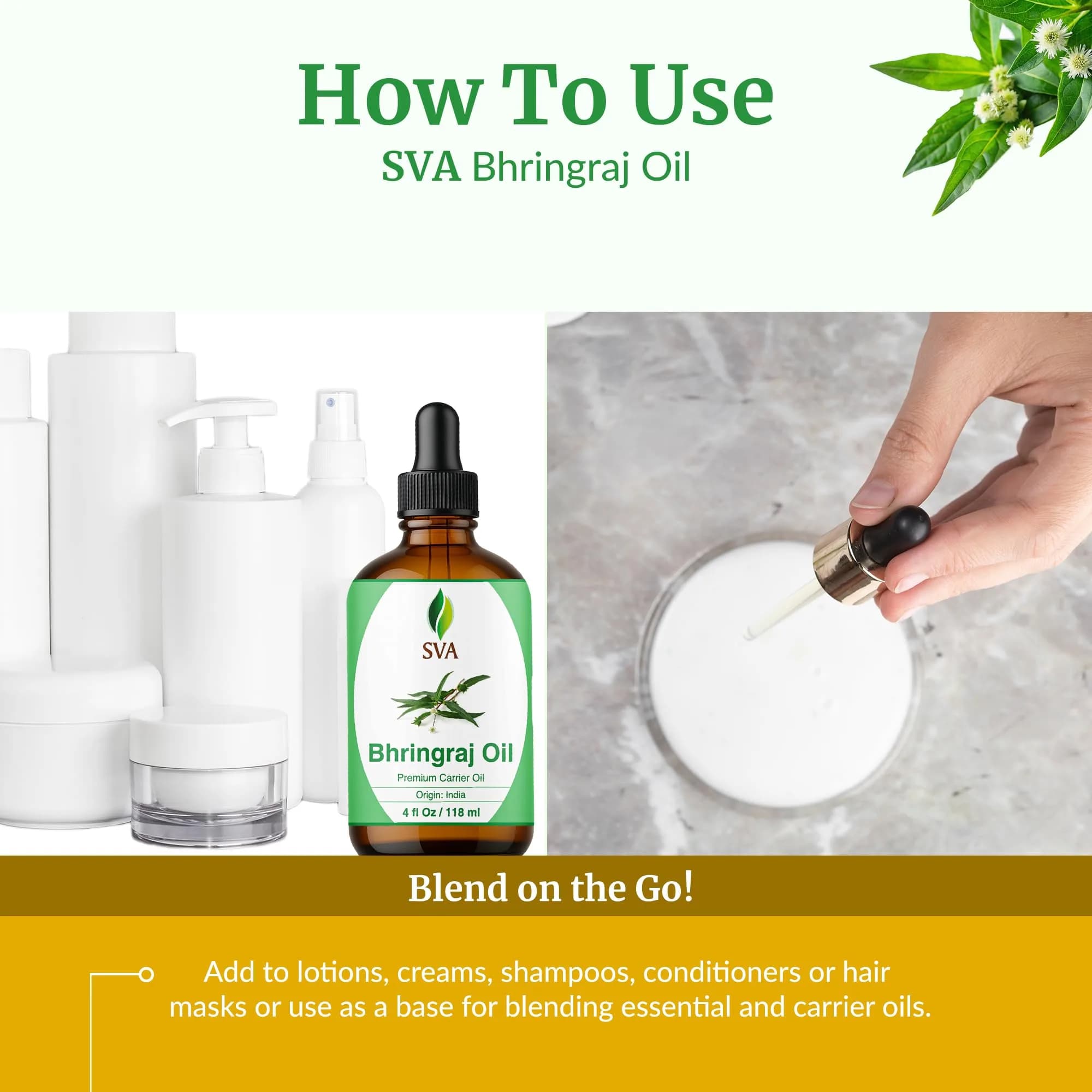 SVA ORGANICS Bhringraj Premium Carrier Oil 118ml (4 Fl Oz) With Dropper | For Hair Oiling, Scalp Massage & Skin Care - view 6