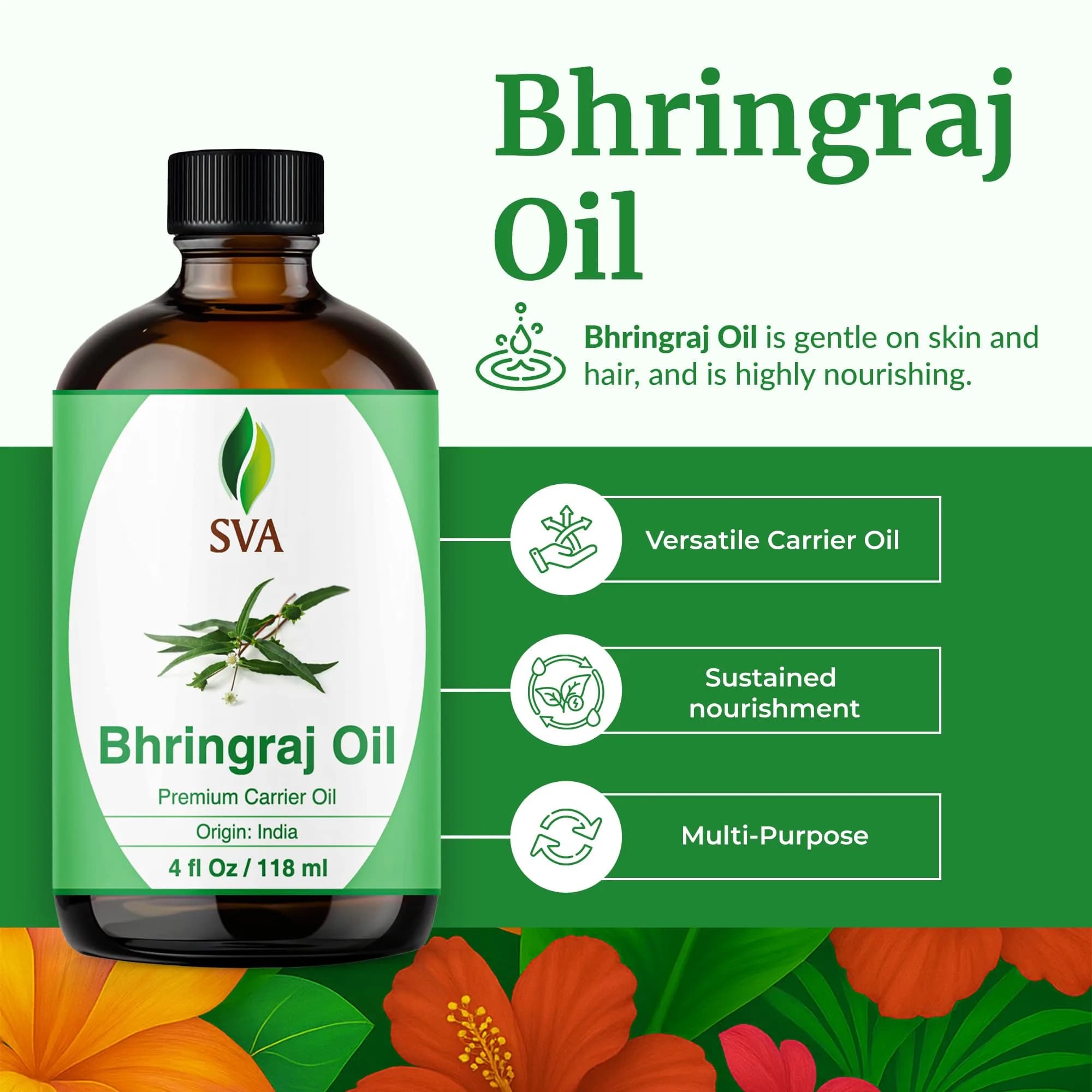 SVA ORGANICS Bhringraj Premium Carrier Oil 118ml (4 Fl Oz) With Dropper | For Hair Oiling, Scalp Massage & Skin Care - view 2