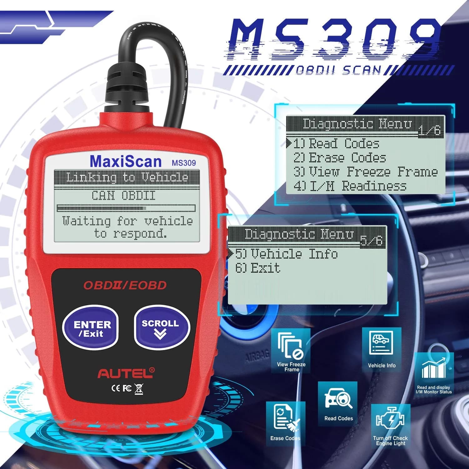 Autel OBD2 Scanner MS309 Universal Car Engine Fault Code Reader | Reads & Clears Codes - view 3