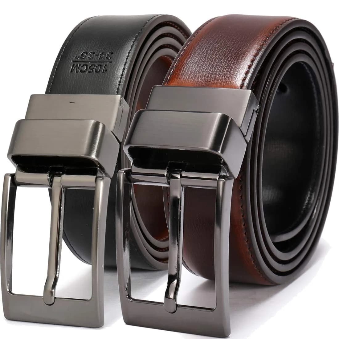 beltox fine Men's Dress Belt Leather Reversible 1.25" Wide | Formal & Casual Dual-Side Belt — Black Buckle With Cognac/Black Belt
