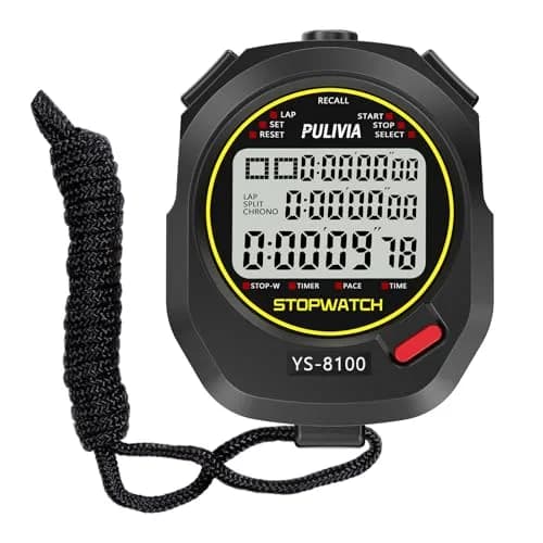 PULIVIA Digital Stopwatch Timer Multi Splits/Laps 100 Splits/Laps Stopwatch with Countdown Alarm Clock Date, Memory Recall 3-Rows Display, Ideal for Coaches Referee PE-teacher — Black