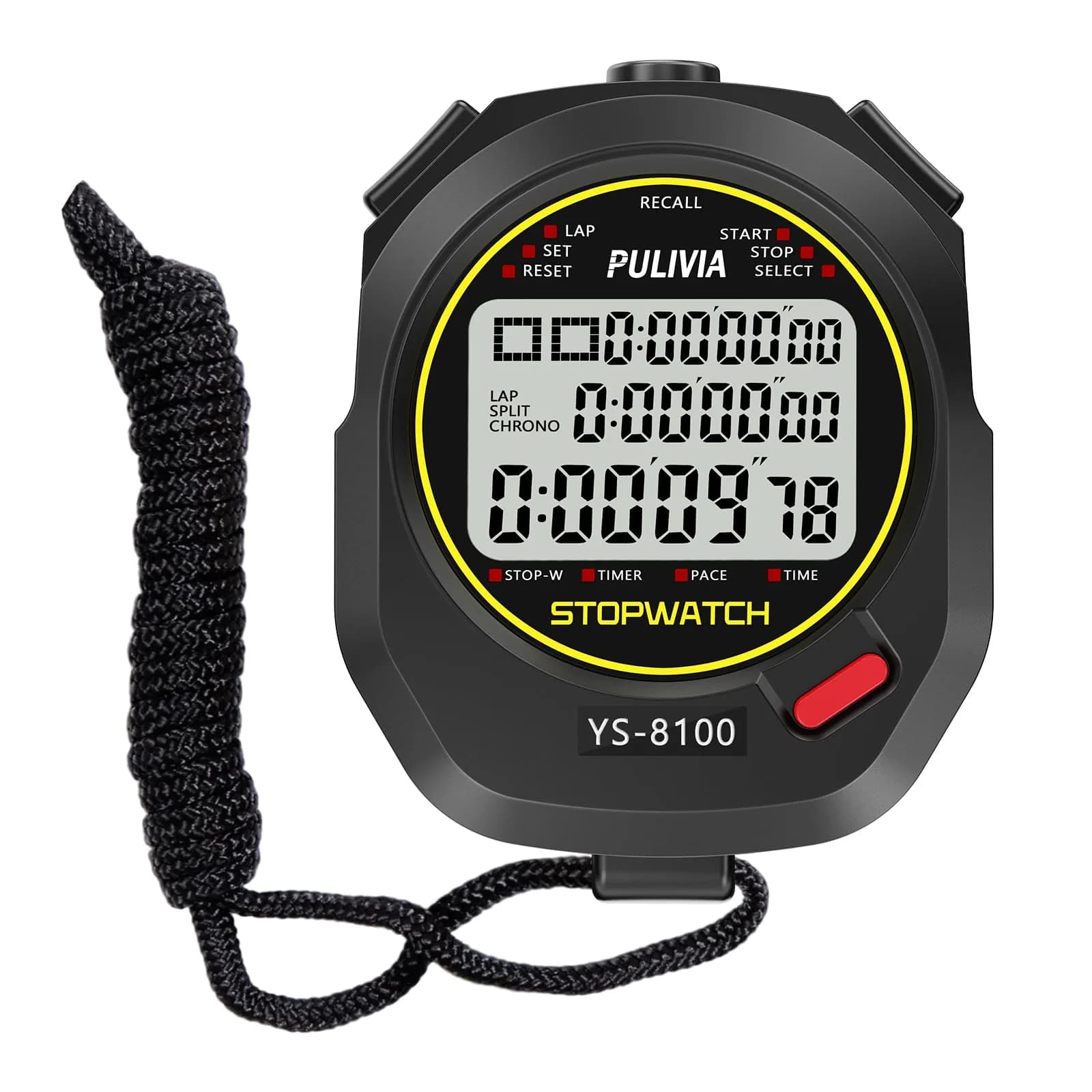 PULIVIA Digital Stopwatch Timer Multi Splits/Laps 100 Splits/Laps Stopwatch with Countdown Alarm Clock Date, Memory Recall 3-Rows Display, Ideal for Coaches Referee PE-teacher