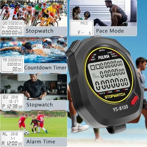 PULIVIA Digital Stopwatch Timer Multi Splits/Laps 100 Splits/Laps Stopwatch with Countdown Alarm Clock Date, Memory Recall 3-Rows Display, Ideal for Coaches Referee PE-teacher thumbnail 3