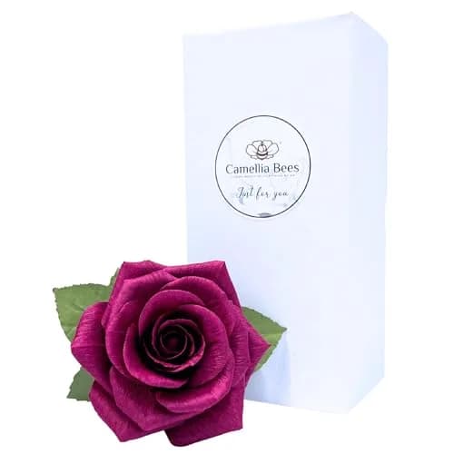 Camellia Bees Paper Rose 1st Wedding for Her Him | Handmade Deep Red Crepe Flower, Anniversary Keepsake (Dark red Burgundy) thumbnail 2