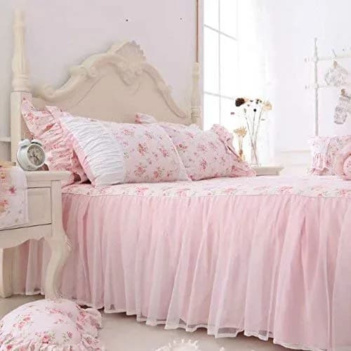 LELVA Pink Rose Lace Dust Full Ruffle Bed Skirt 18 Inch Drop | Floral Cotton Bed Cover